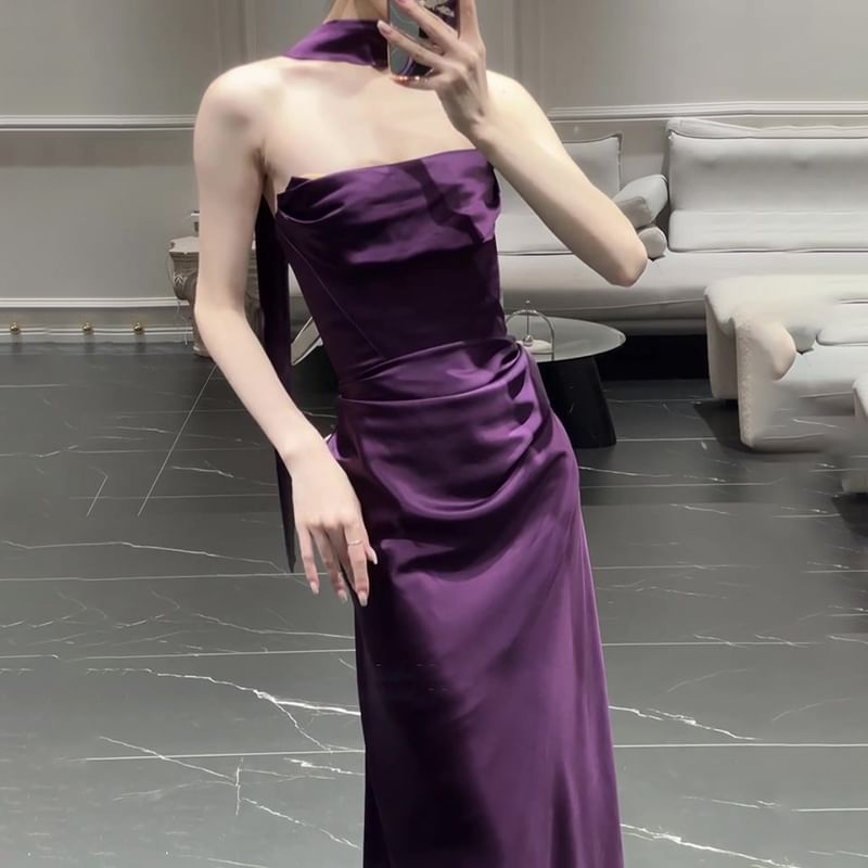 Set: Strapless Plain Ruched Satin Mermaid Evening Gown + Scarf