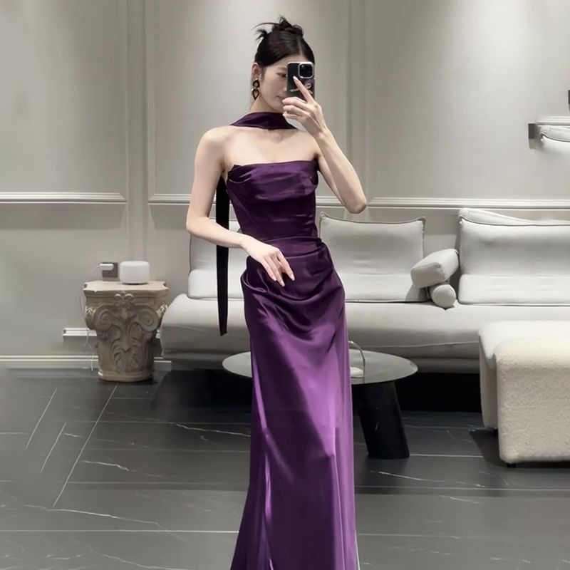 Mermaid Scarf Satin Plain Set: Ruched Gown Evening Strapless +