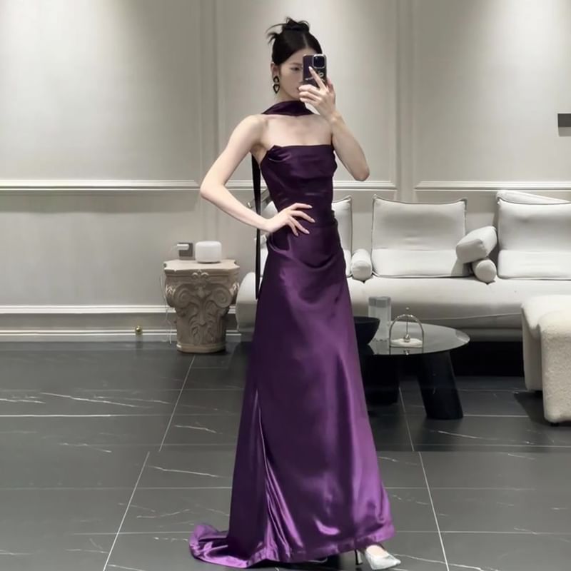 Set: Strapless Plain Ruched Satin Mermaid Evening Gown + Scarf