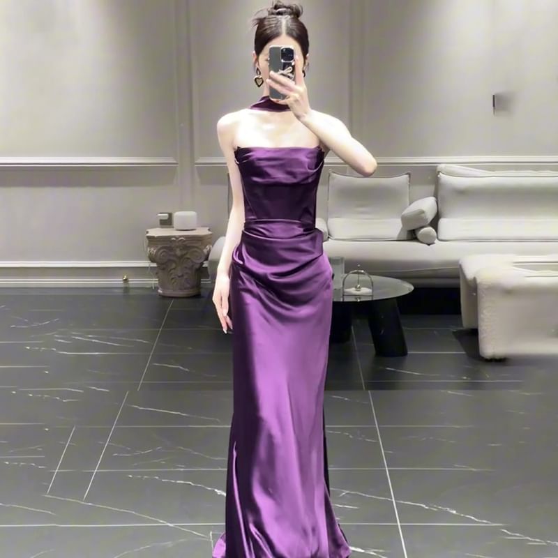 Set: Strapless Plain Ruched Satin Mermaid Evening Gown + Scarf