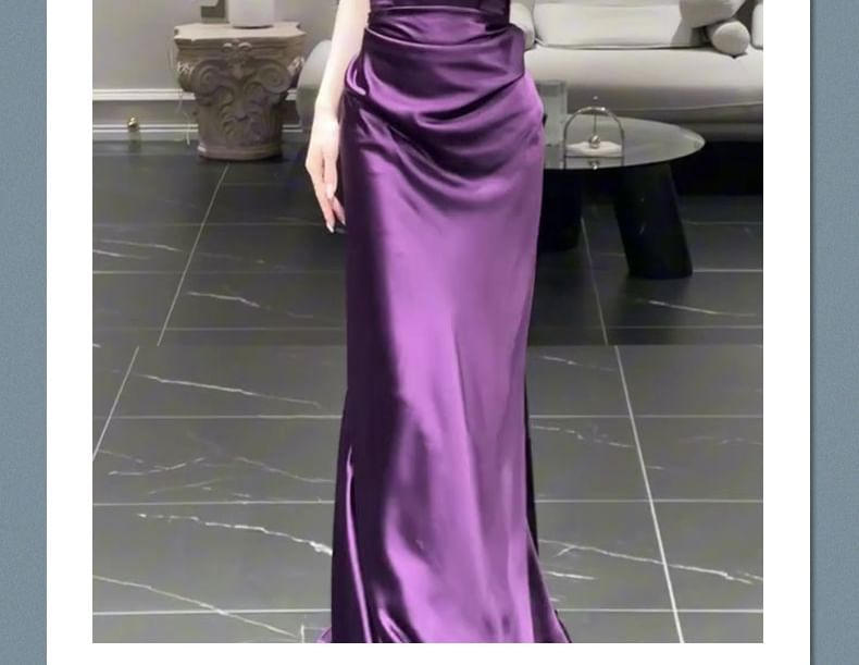 Set: Strapless Plain Ruched Satin Mermaid Evening Gown + Scarf