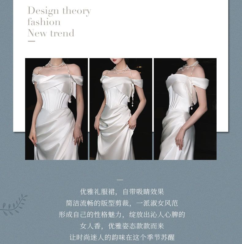 Off-Shoulder Plain Ruched Satin Mermaid Wedding Gown