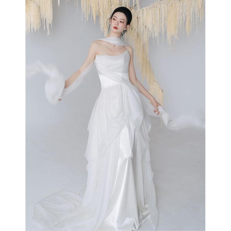 Set: Strapless Plain Mesh Panel A-Line Wedding Gown + Scarf