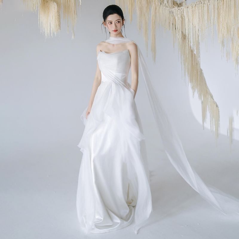 Gown + Strapless Wedding Mesh Panel Plain Set: A-Line Scarf