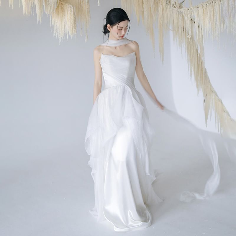 Gown + Strapless Wedding Mesh Panel Plain Set: A-Line Scarf