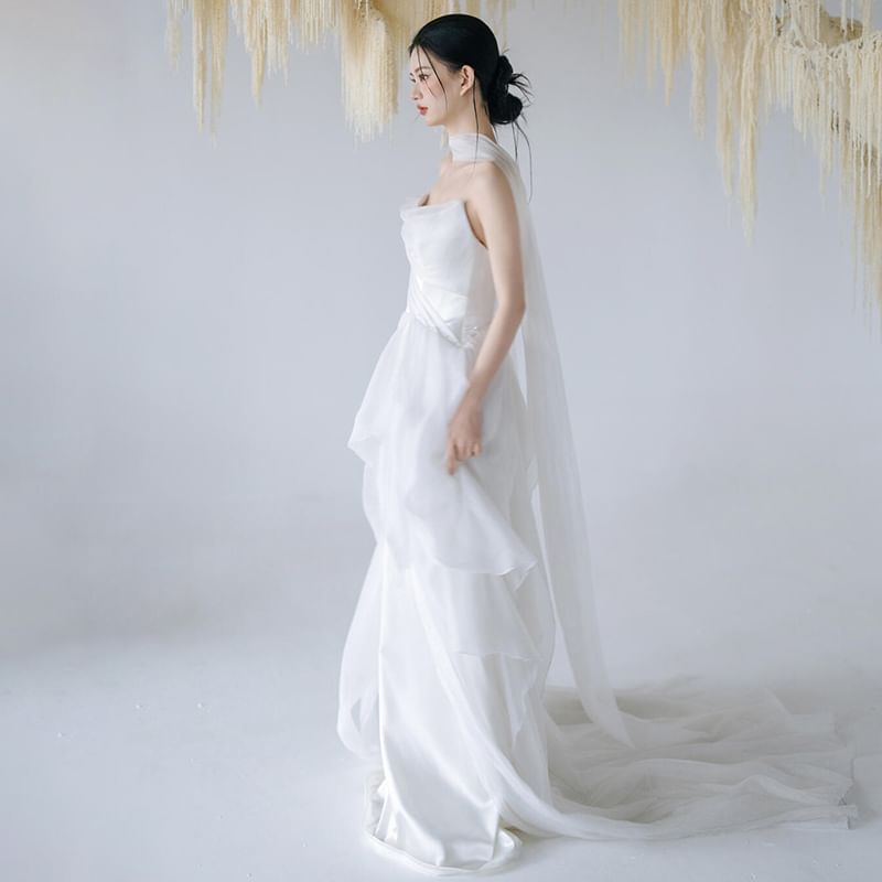 Gown + Strapless Wedding Mesh Panel Plain Set: A-Line Scarf