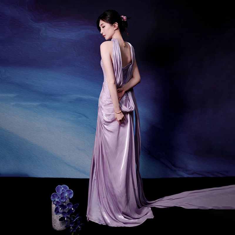 Set: Strapless Plain Ruched Slit Mermaid Evening Gown + Scarf