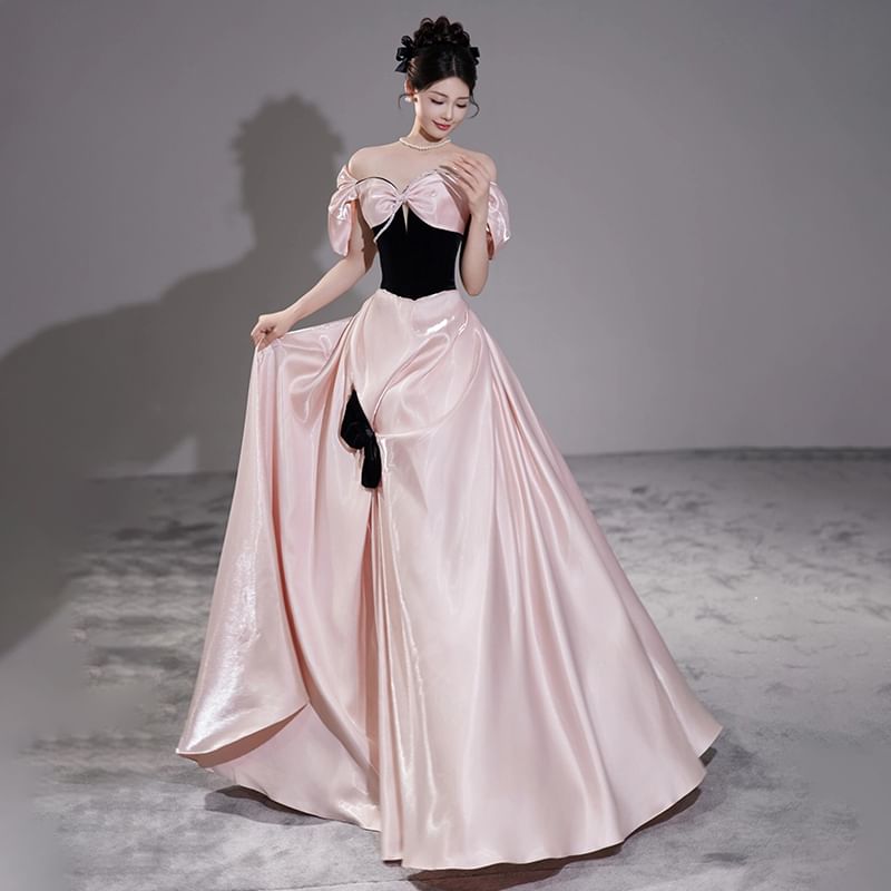 Ruched A-Line Accent Off-Shoulder Two Bow Gown Tone Evening