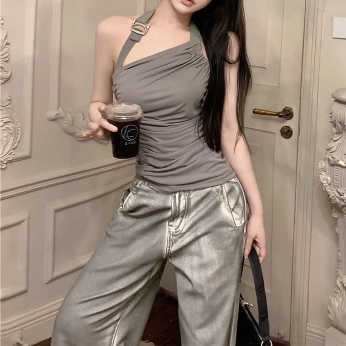 Neck / Washed Back Plain Open Jeans Halter Leg Top High Buckled Ruched Asymmetrical Waist Wide