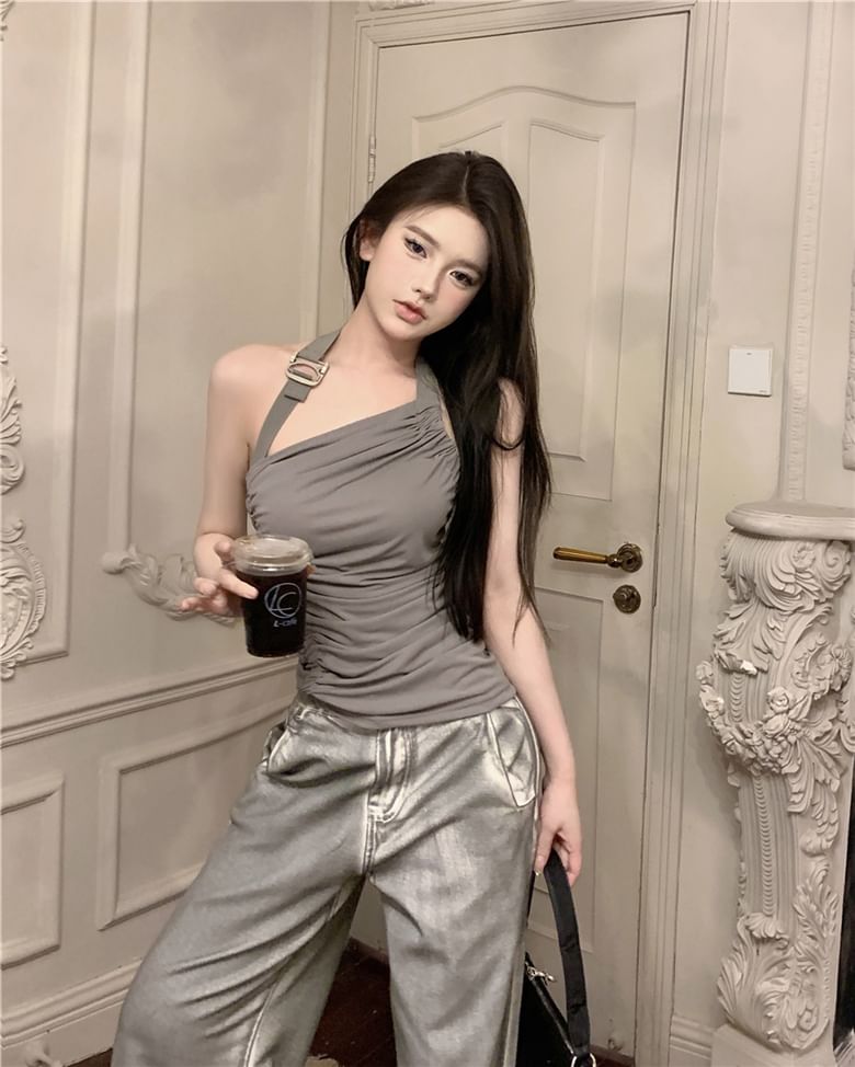 Neck / Washed Back Plain Open Jeans Halter Leg Top High Buckled Ruched Asymmetrical Waist Wide