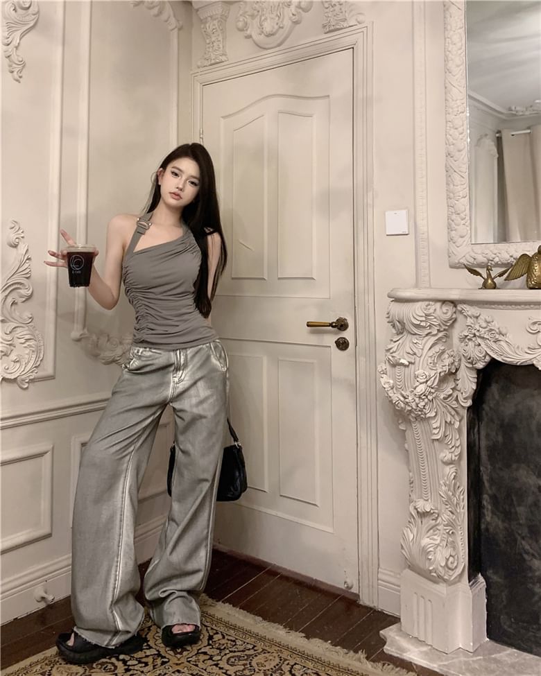 Neck / Washed Back Plain Open Jeans Halter Leg Top High Buckled Ruched Asymmetrical Waist Wide