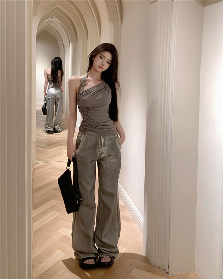 Neck / Washed Back Plain Open Jeans Halter Leg Top High Buckled Ruched Asymmetrical Waist Wide