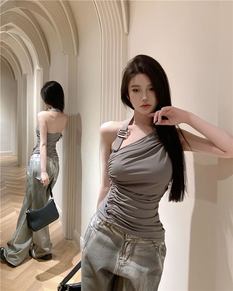 Neck / Washed Back Plain Open Jeans Halter Leg Top High Buckled Ruched Asymmetrical Waist Wide