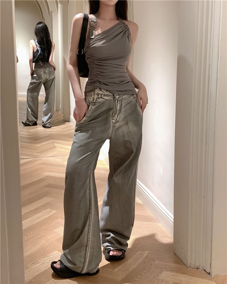 Neck / Washed Back Plain Open Jeans Halter Leg Top High Buckled Ruched Asymmetrical Waist Wide