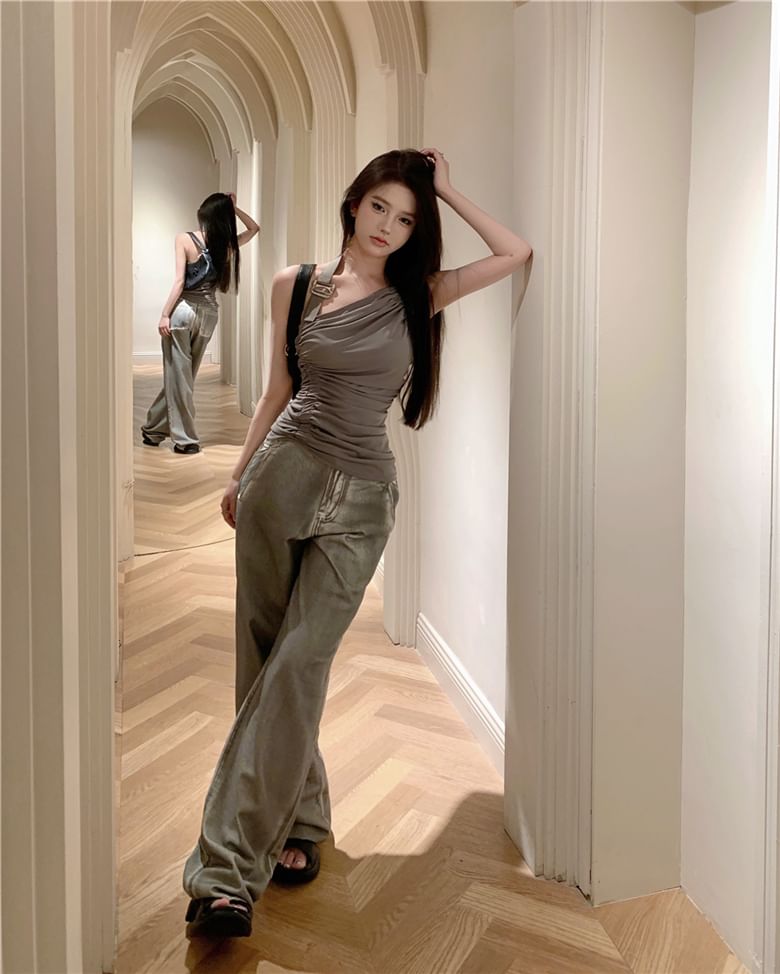 Neck / Washed Back Plain Open Jeans Halter Leg Top High Buckled Ruched Asymmetrical Waist Wide