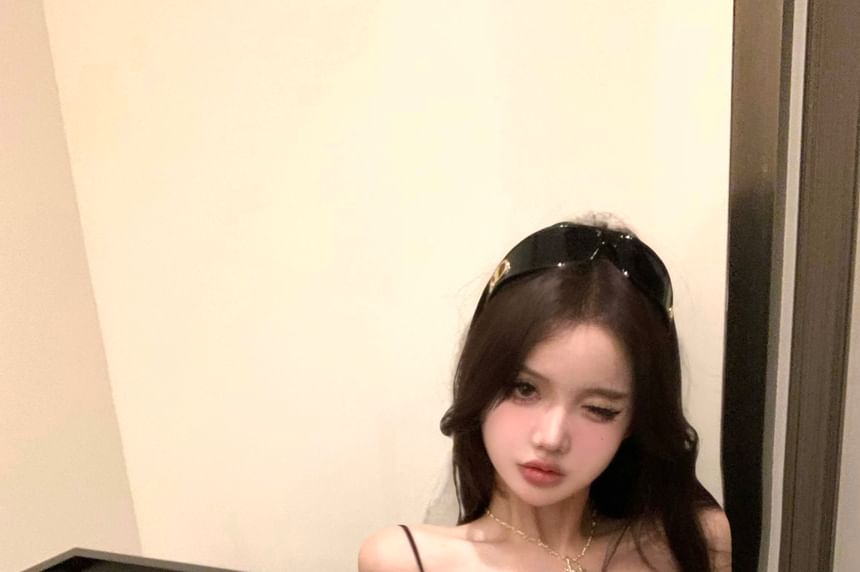 Accent V-Neck Bow Lace Strap Spaghetti Top Bodysuit Panel