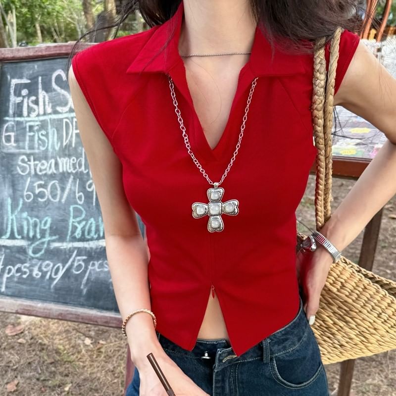 Slit Collared Zipped Fit Crop Sleeveless Slim Plain Top