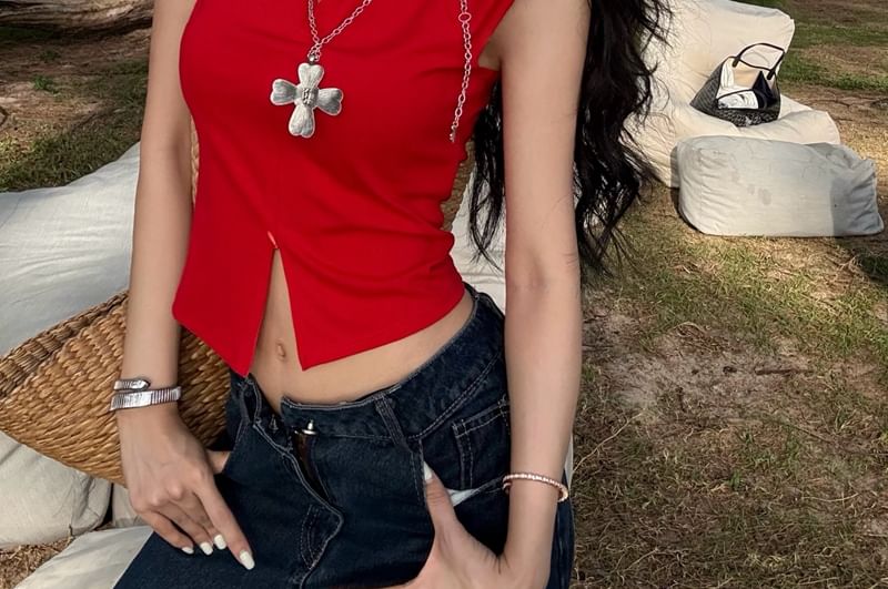 Slit Collared Zipped Fit Crop Sleeveless Slim Plain Top