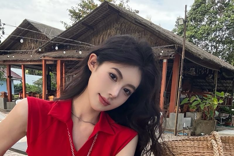 Slit Collared Zipped Fit Crop Sleeveless Slim Plain Top