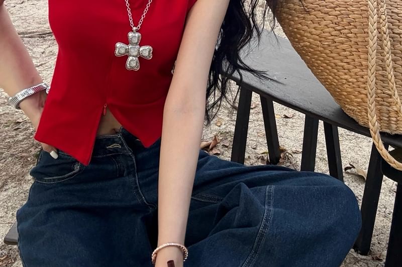 Slit Collared Zipped Fit Crop Sleeveless Slim Plain Top