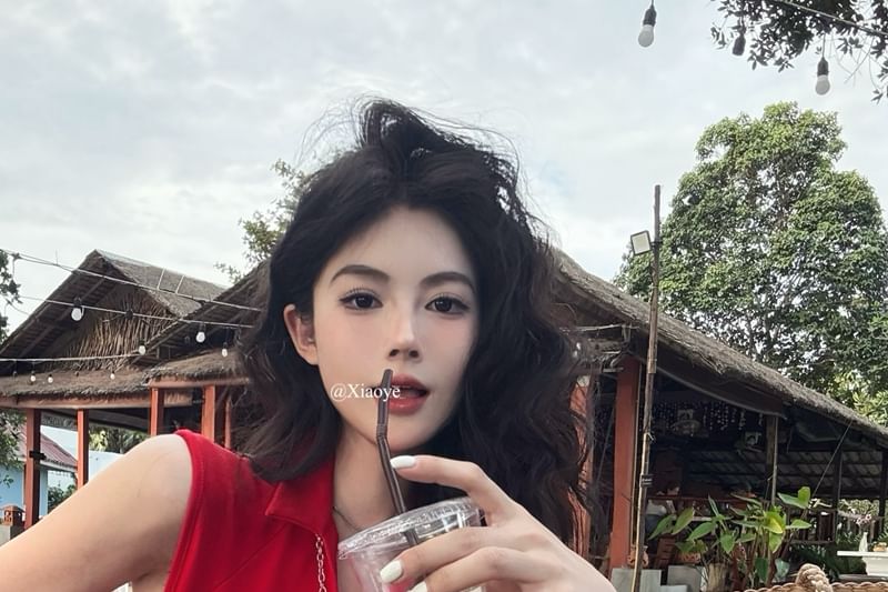 Slit Collared Zipped Fit Crop Sleeveless Slim Plain Top