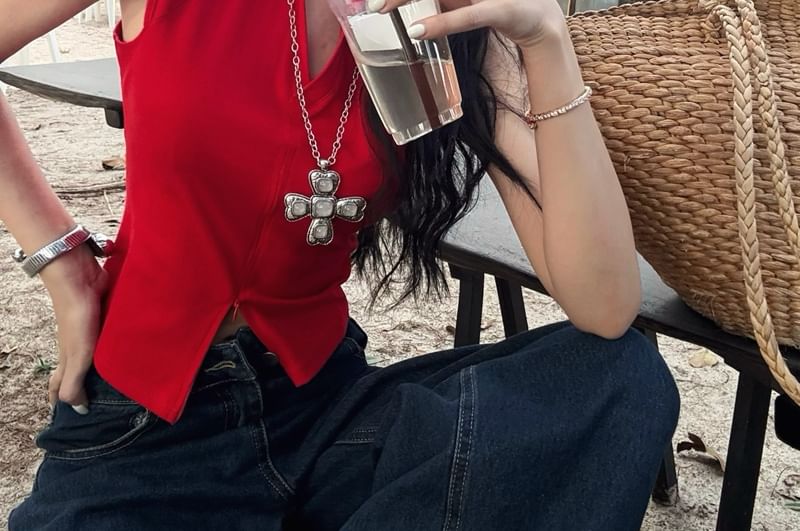 Slit Collared Zipped Fit Crop Sleeveless Slim Plain Top