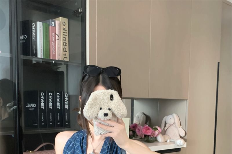 Back Top Cowl Crop Open Panel Plaid Halter Neck