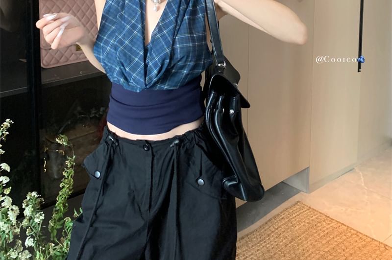 Back Top Cowl Crop Open Panel Plaid Halter Neck