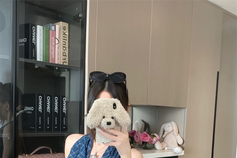 Back Top Cowl Crop Open Panel Plaid Halter Neck