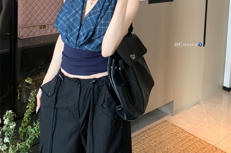 Back Top Cowl Crop Open Panel Plaid Halter Neck