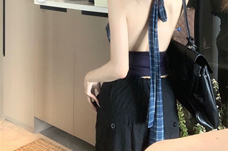 Back Top Cowl Crop Open Panel Plaid Halter Neck