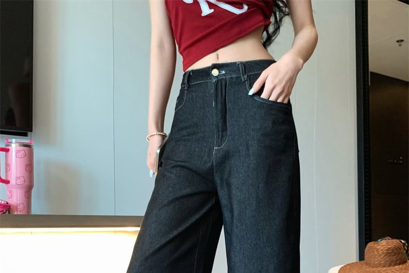 Print Jeans Denim High Leg / Top Rise Wide Plain Crop Shawl Lettering Tube Panel