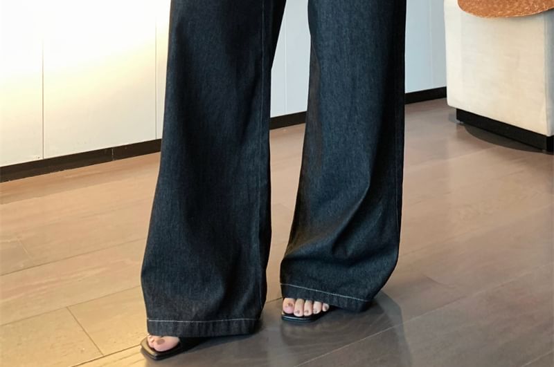 Print Jeans Denim High Leg / Top Rise Wide Plain Crop Shawl Lettering Tube Panel