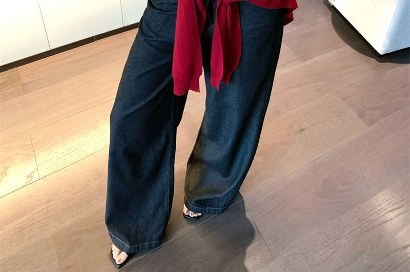 Print Jeans Denim High Leg / Top Rise Wide Plain Crop Shawl Lettering Tube Panel