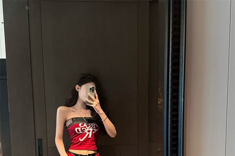 Print Jeans Denim High Leg / Top Rise Wide Plain Crop Shawl Lettering Tube Panel