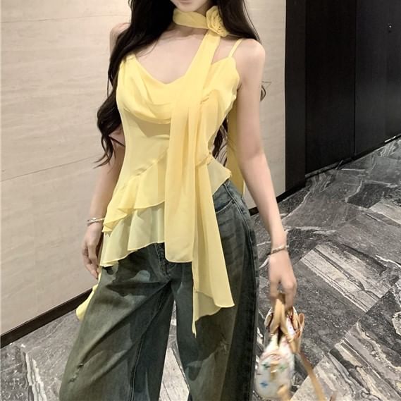 V-Neck Camisole Crop Plain Scarf Asymmetrical Hem + Ruffle Set: Top