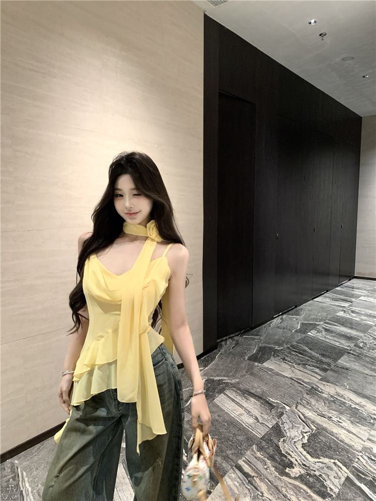 V-Neck Camisole Crop Plain Scarf Asymmetrical Hem + Ruffle Set: Top