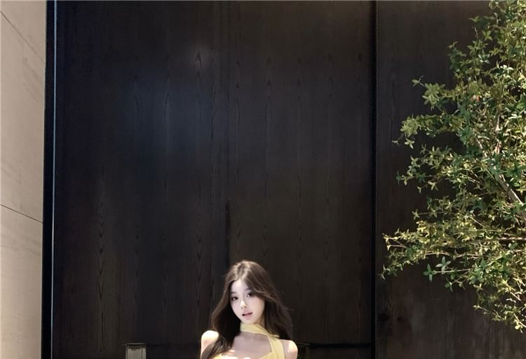 V-Neck Camisole Crop Plain Scarf Asymmetrical Hem + Ruffle Set: Top