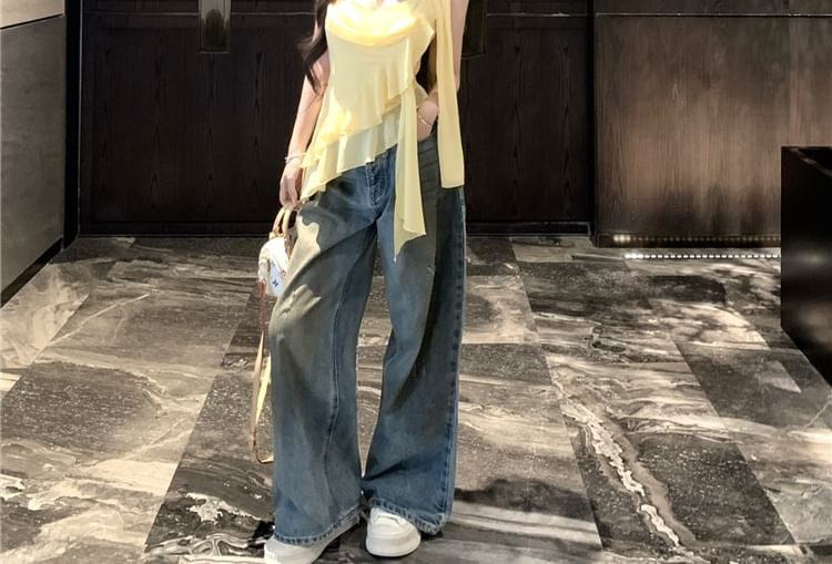 V-Neck Camisole Crop Plain Scarf Asymmetrical Hem + Ruffle Set: Top