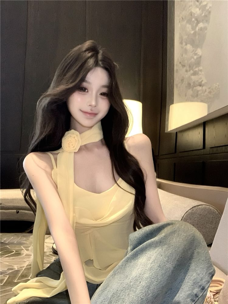 V-Neck Camisole Crop Plain Scarf Asymmetrical Hem + Ruffle Set: Top