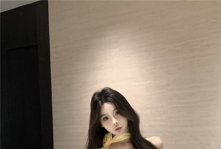 V-Neck Camisole Crop Plain Scarf Asymmetrical Hem + Ruffle Set: Top