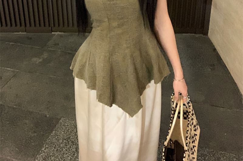 Scoop Neck Tank Jacquard Frayed Peplum Top Asymmetrical