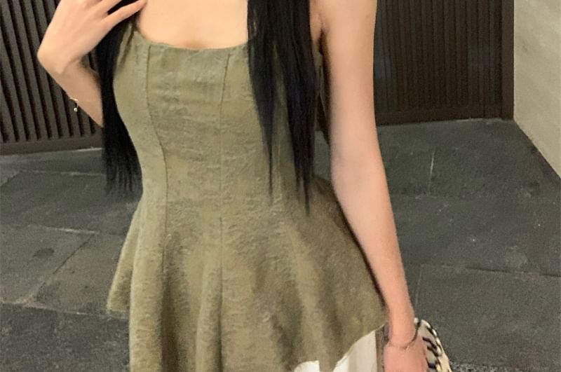 Scoop Neck Tank Jacquard Frayed Peplum Top Asymmetrical