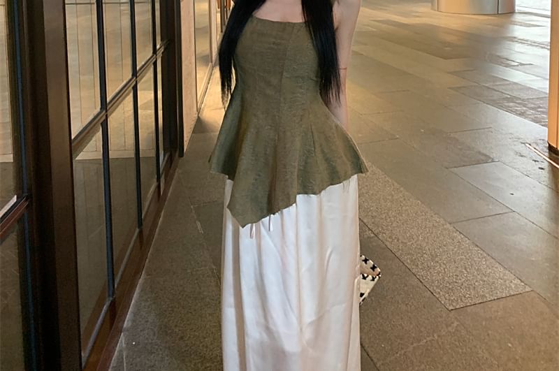 Scoop Neck Tank Jacquard Frayed Peplum Top Asymmetrical