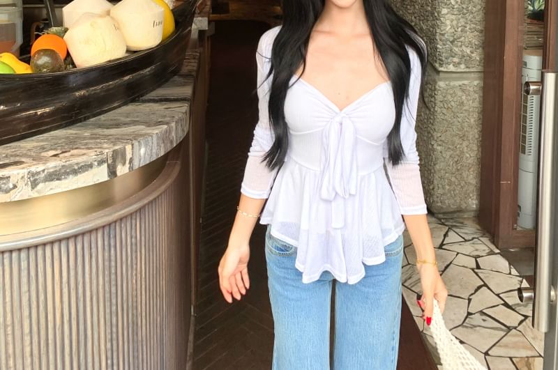 V-Neck Peplum Bow Accent Plain Top Cardigan Crop Cami + Set: