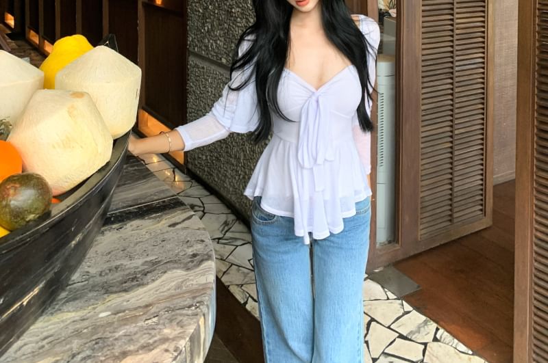 V-Neck Peplum Bow Accent Plain Top Cardigan Crop Cami + Set: