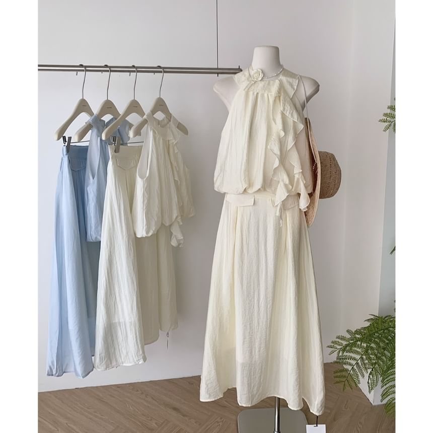 Set: Blouse Midi Ruffle Halter High A-Line Plain Skirt Rise +