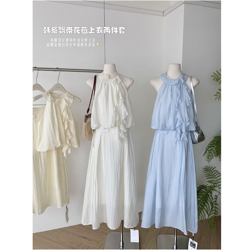 Set: Blouse Midi Ruffle Halter High A-Line Plain Skirt Rise +
