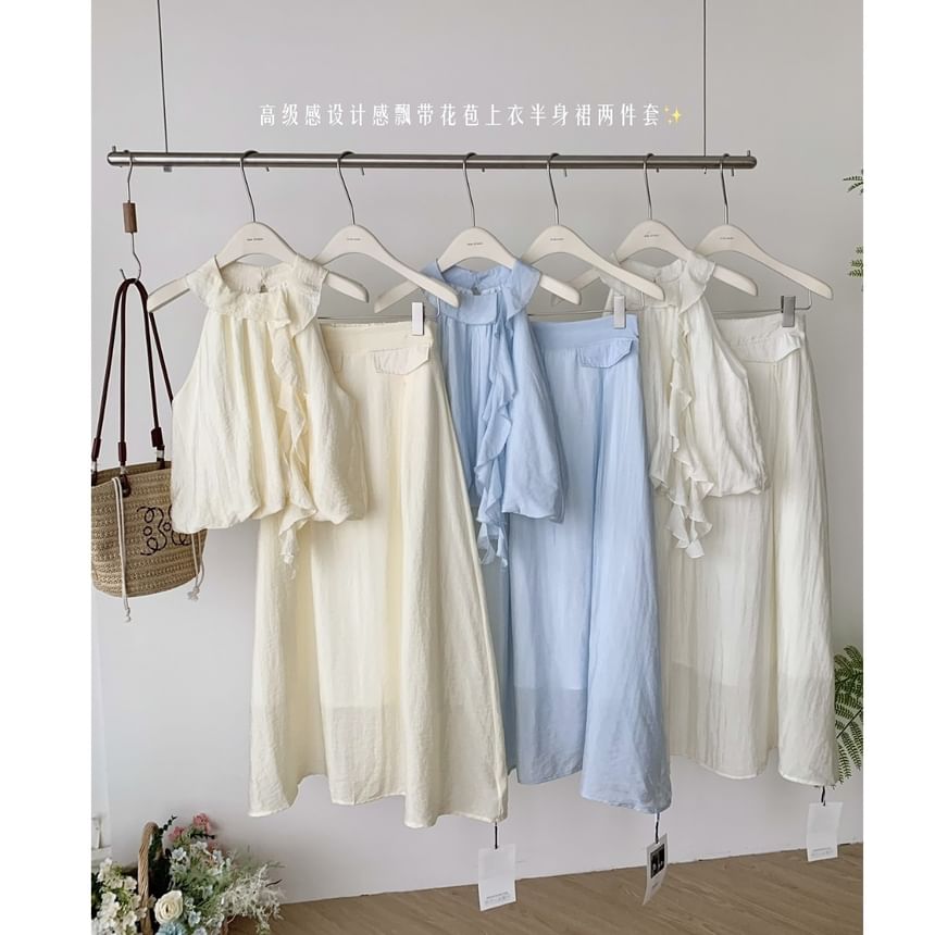 Set: Blouse Midi Ruffle Halter High A-Line Plain Skirt Rise +