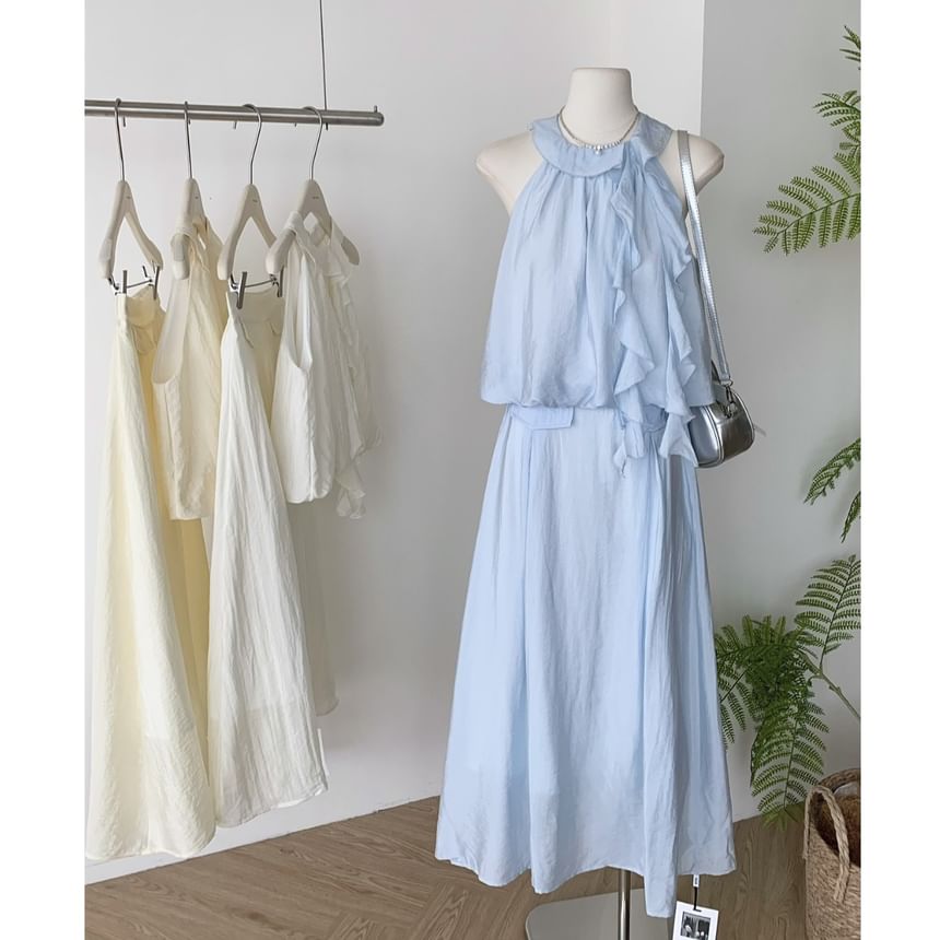 Set: Blouse Midi Ruffle Halter High A-Line Plain Skirt Rise +
